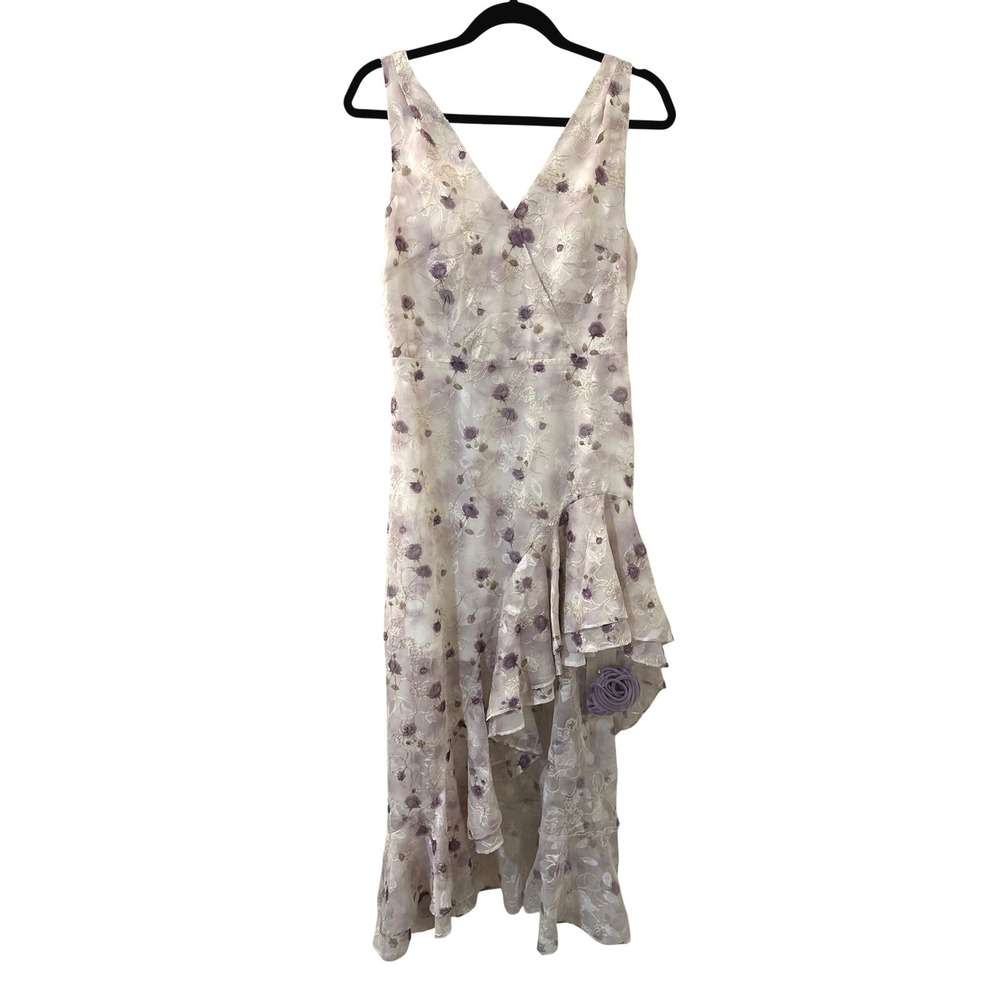 Whimsical Purple Floral Embroidered Asymmetrical Midi Dress Womens M Ethereal